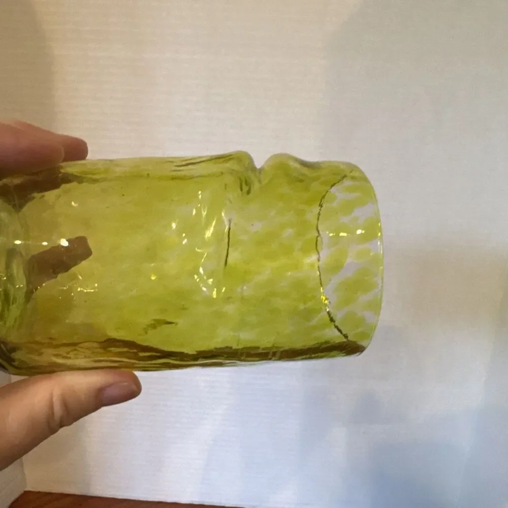 Hand Blown Art Glass Tumbler Yellow Spots Organic Pinched Shape 5” Tall Thick